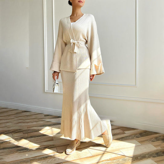 V-neck Tie-front Wide-sleeve High-waisted Skirt Set With An Elegant Vibe