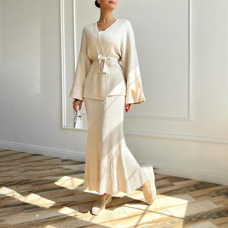 V-neck Tie-front Wide-sleeve High-waisted Skirt Set With An Elegant Vibe