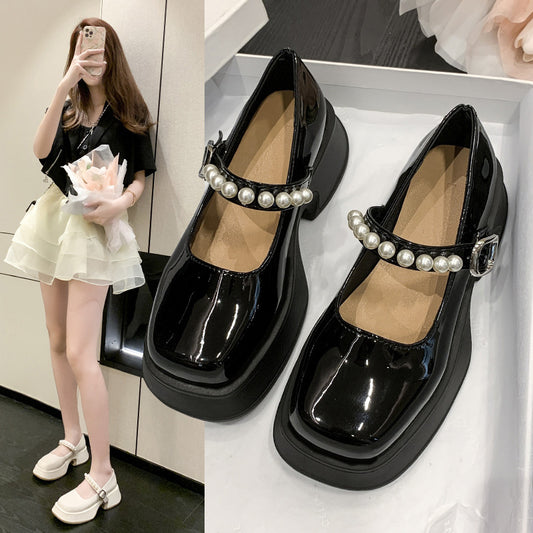 Thick Bottom Increased Word With Pearl Square Head Pumps Vintage Muffin Bottom British