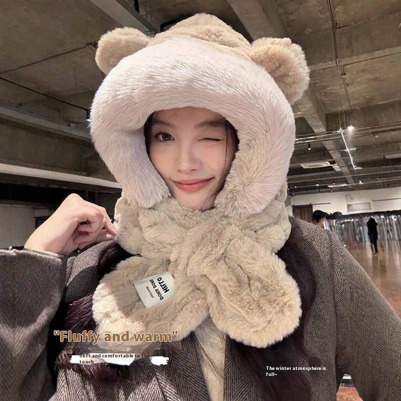 Hat Scarf One Female Student Cute Warm Winter Plush Pullover Ear Protection