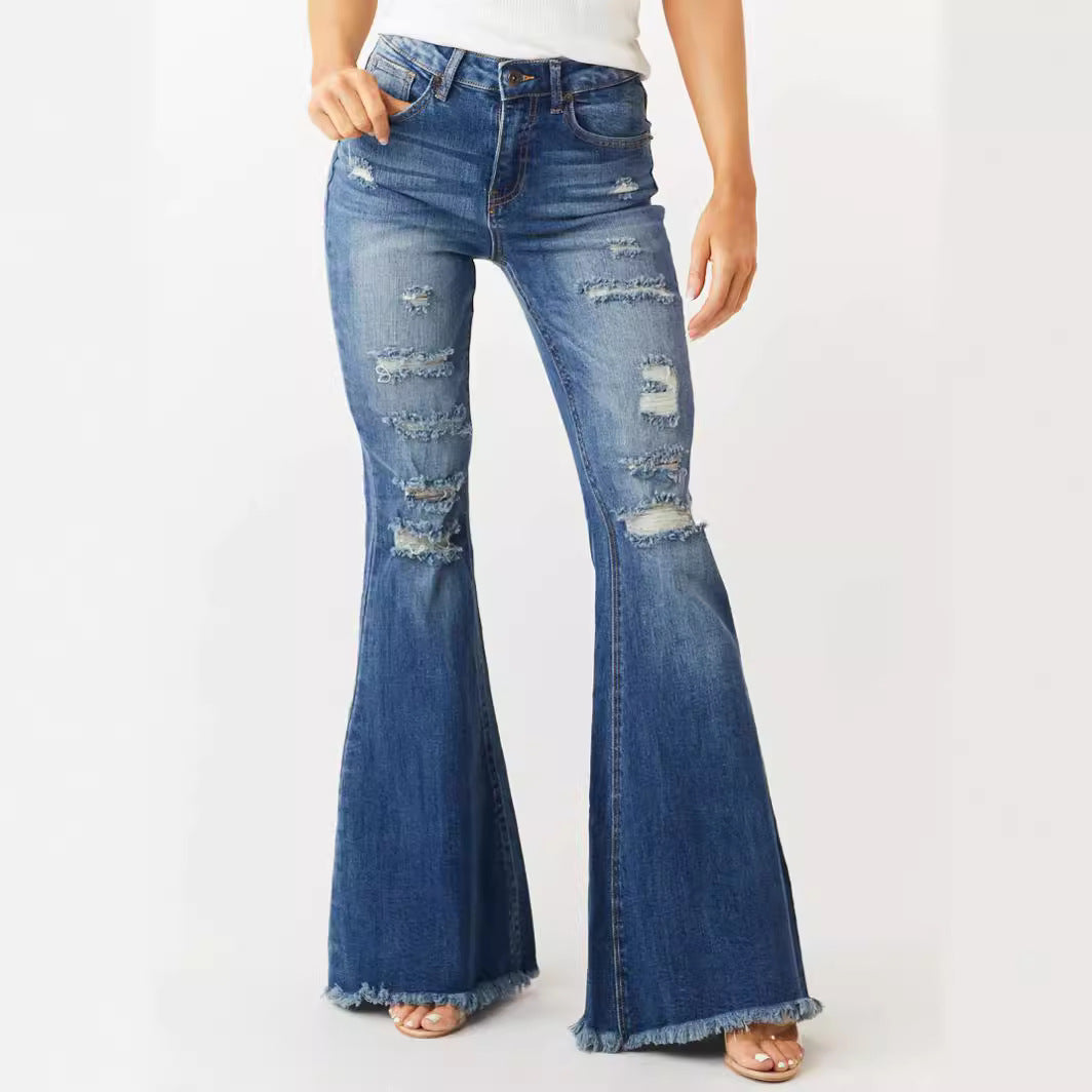 European And American Ladies Mid-waist Slim Fit Stretch Retro Bell-bottom Pants Jeans