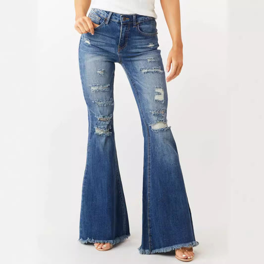 European And American Ladies Mid-waist Slim Fit Stretch Retro Bell-bottom Pants Jeans
