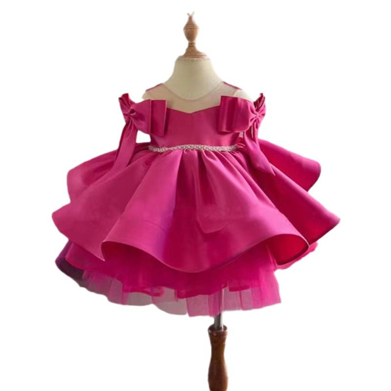Girl's Tulle Tutu Piano Performance Host Solid Color Dress