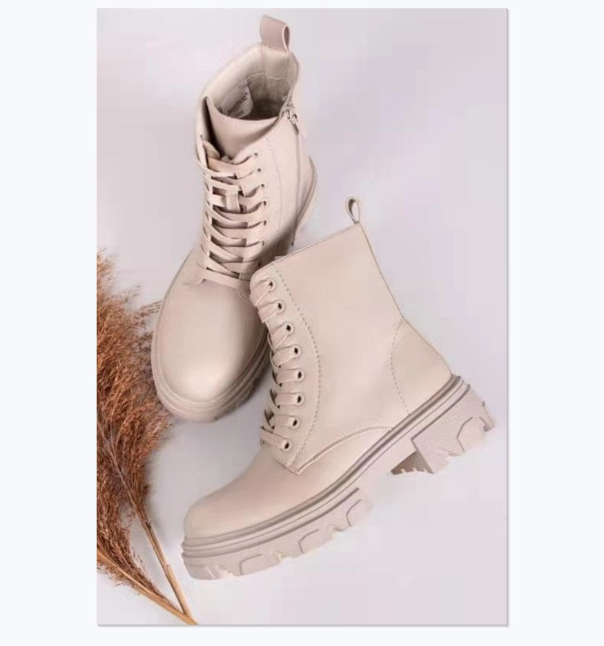 Round Toe Thick-soled Leather Ankle Boots British Style Large Size High-top Women's Boots