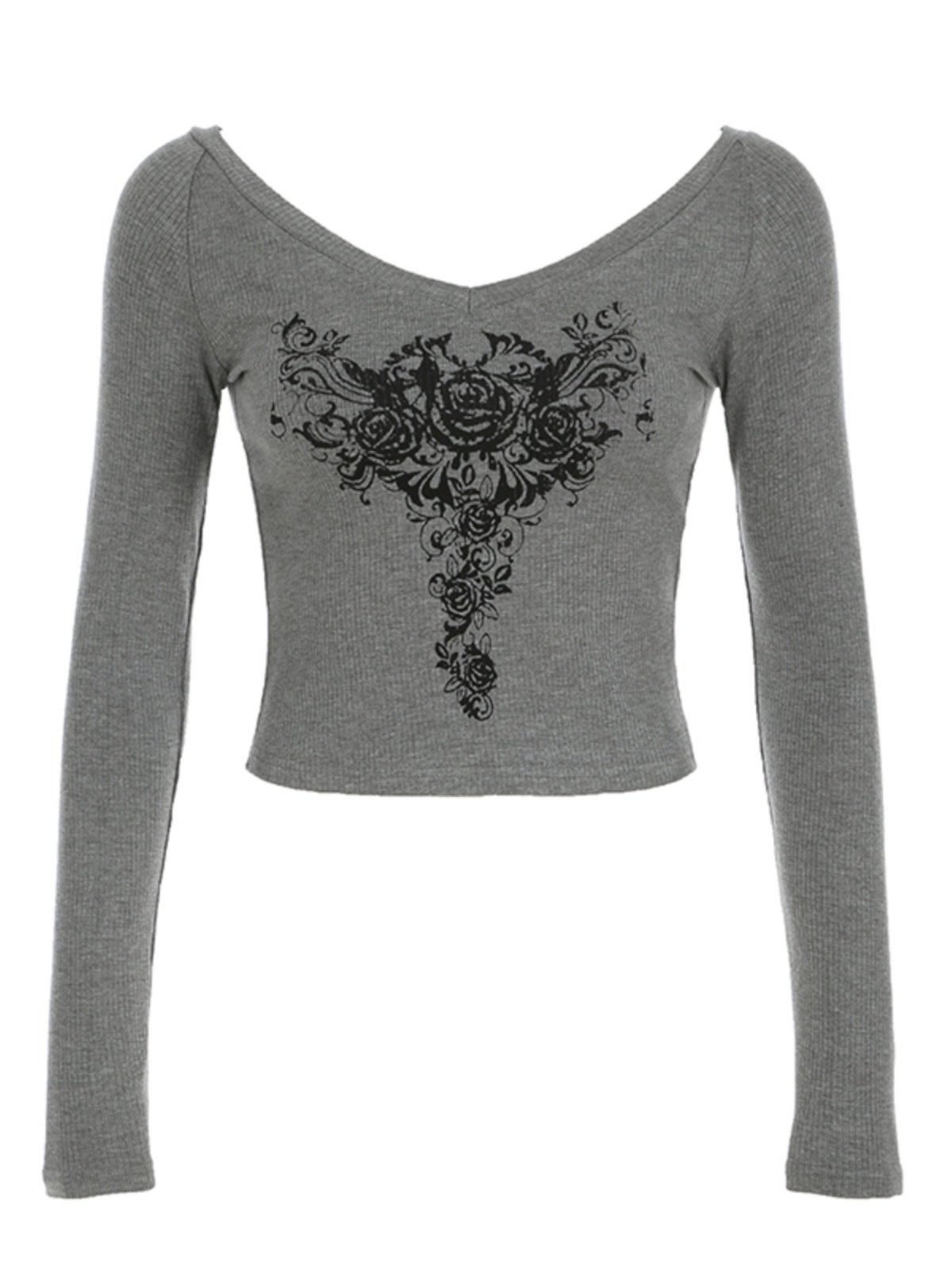 Printed Contrast-Color V-Neck Knitted Cropped Slim-Fit Long-Sleeve Top