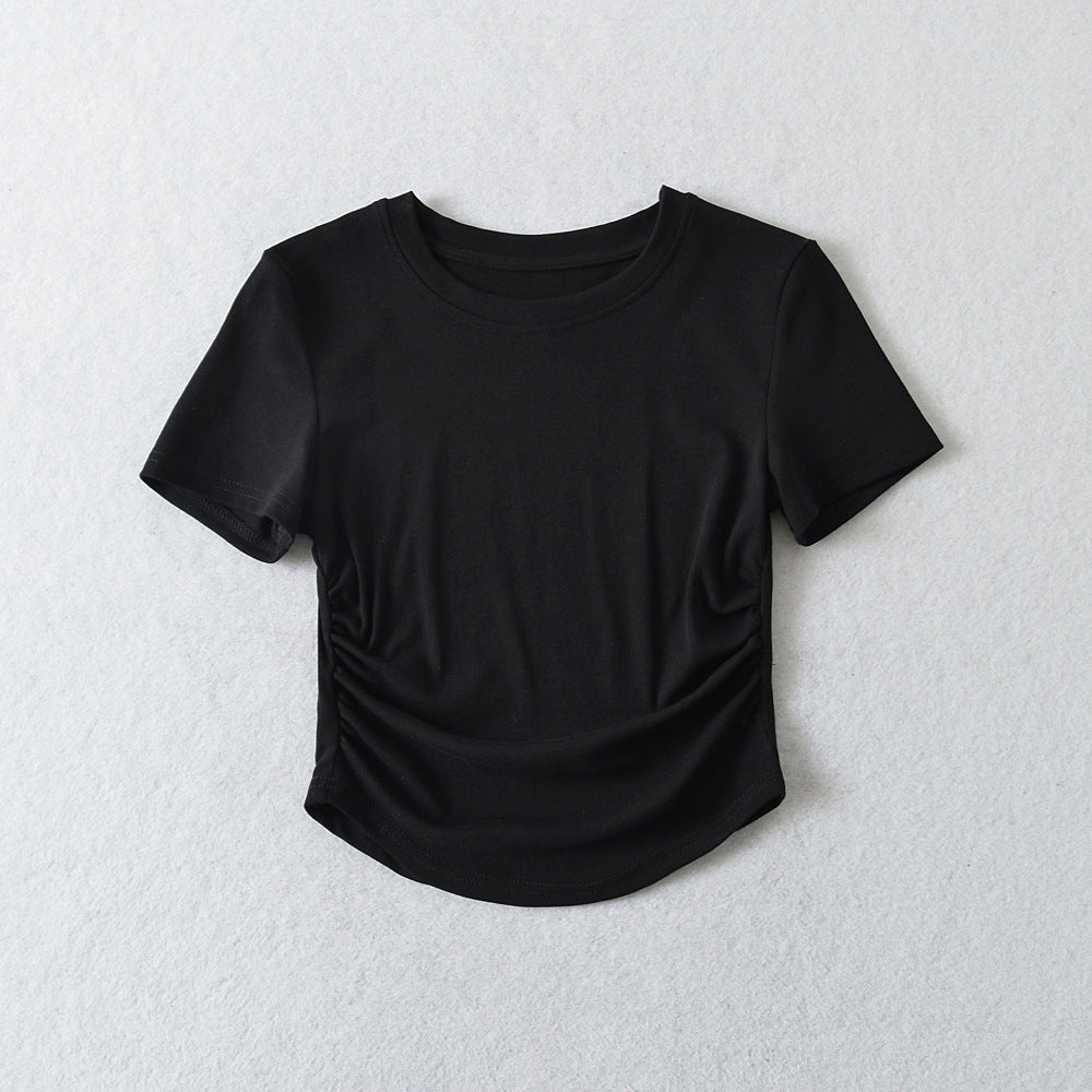 Spring Slim-fitting Top Hot Girl Drawstring Round Neck T-shirt
