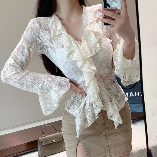 V-neck Flounce Hollow-out Lace Shirt Women's Flared Long-sleeved T-shirt