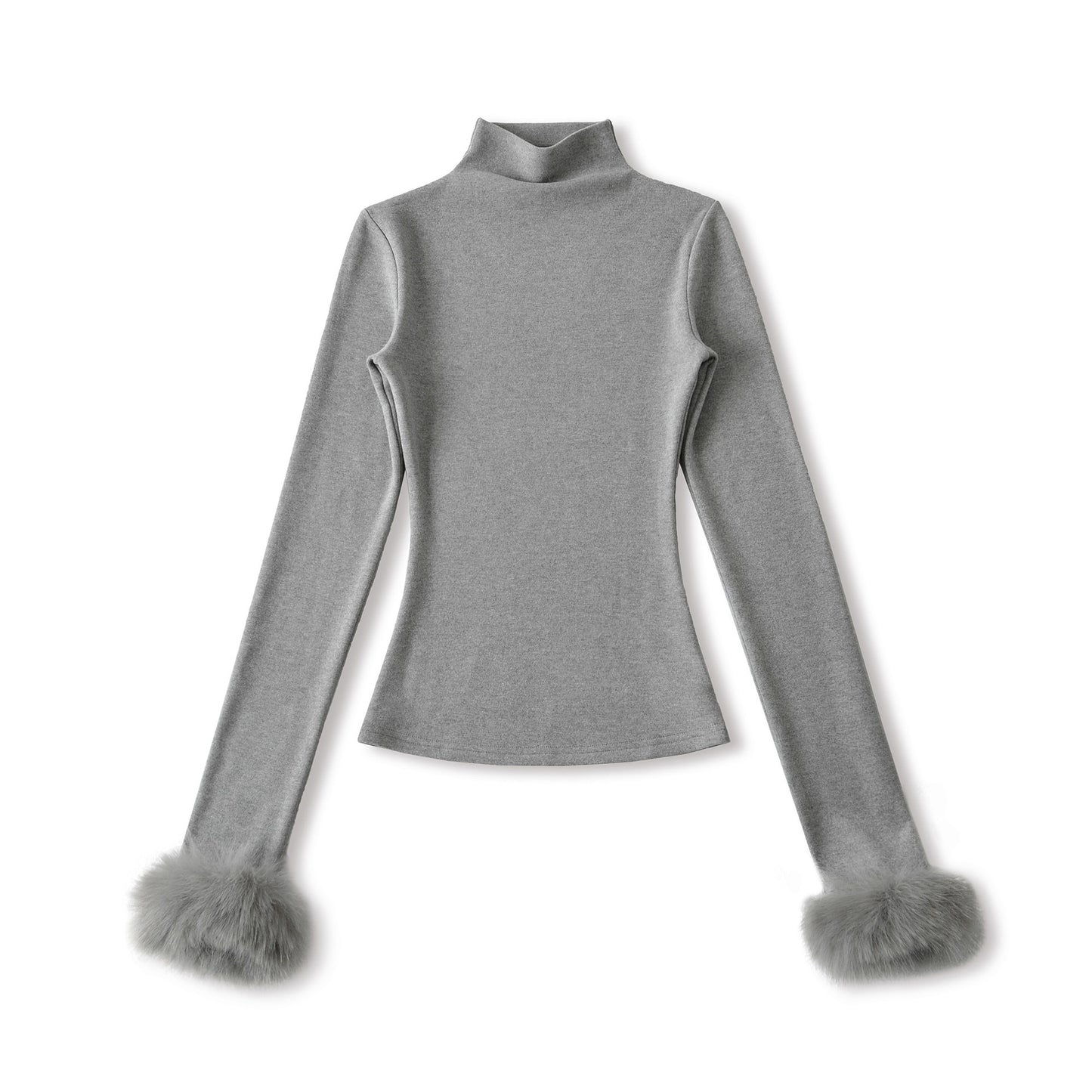 Winter Detachable Furry-sleeve Mock-neck Long-sleeve Pullover T-shirt