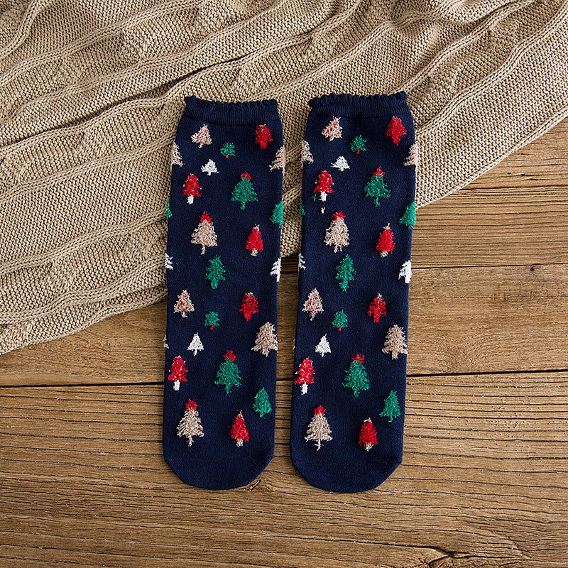 Christmas Socks New Autumn And Winter Mid-calf Christmas Cartoon Elements Women's Socks Pack Of Three Pairs Casual Cotton Socks