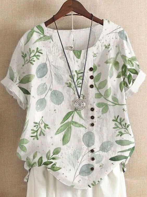 Retro Cotton And Linen Printed Loose Casual Shirt Short-sleeved T-shirt For Women