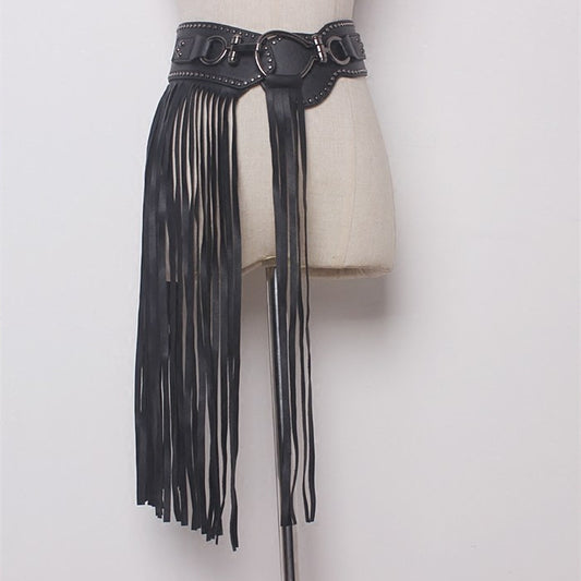 Punk Style Long Fringed Skirt Women's Studded Elastic Black Belt