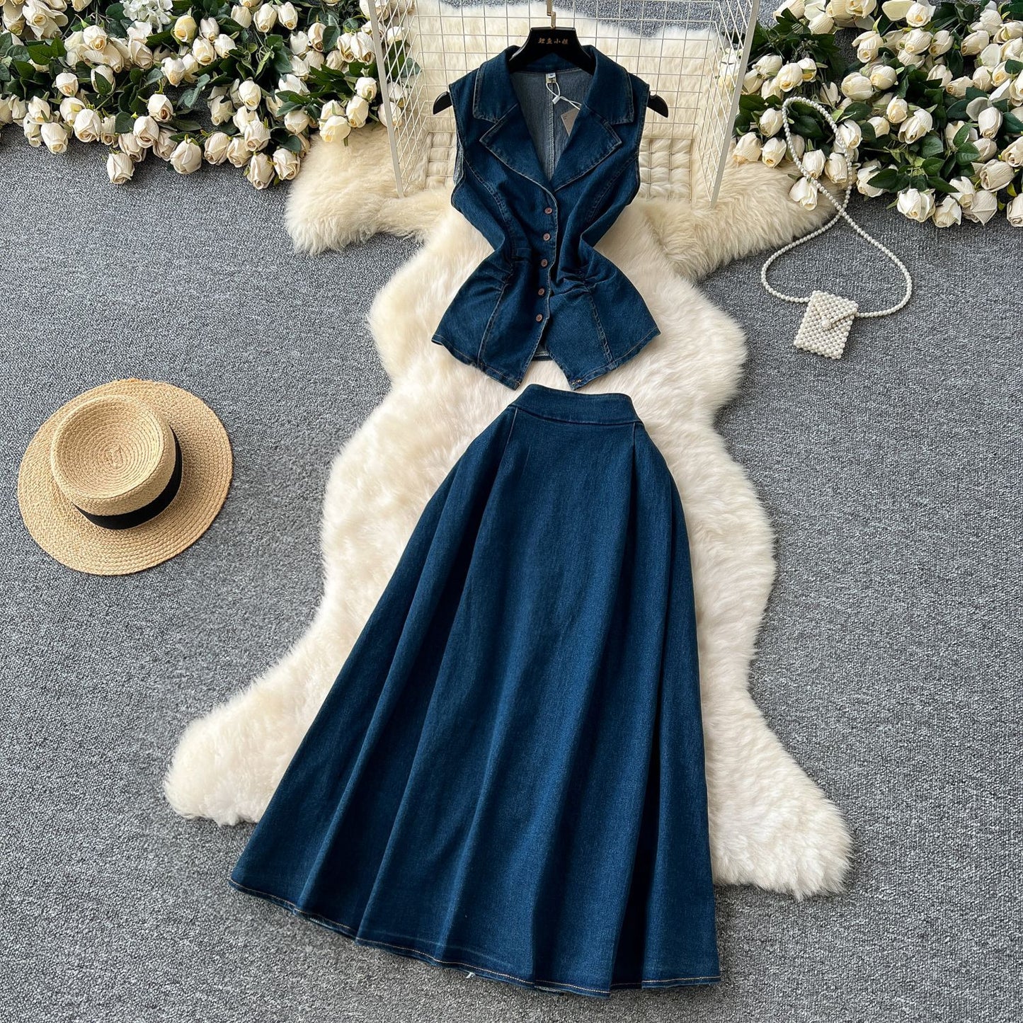 Womens Mature-style Pleated Waist-cinching Blazer With A Lapel Collar And High-waisted Midi Skirt