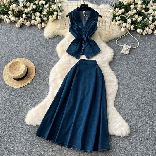 Womens Mature-style Pleated Waist-cinching Blazer With A Lapel Collar And High-waisted Midi Skirt