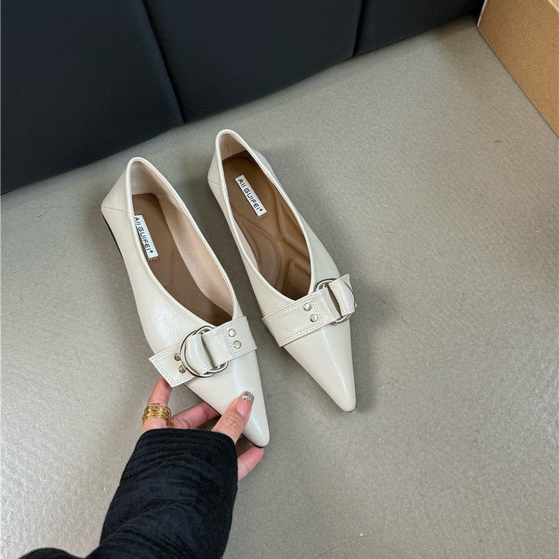 Metal Belt Buckle Soft Bottom Granny Shoes French Pointed Flat Bottom Pumps