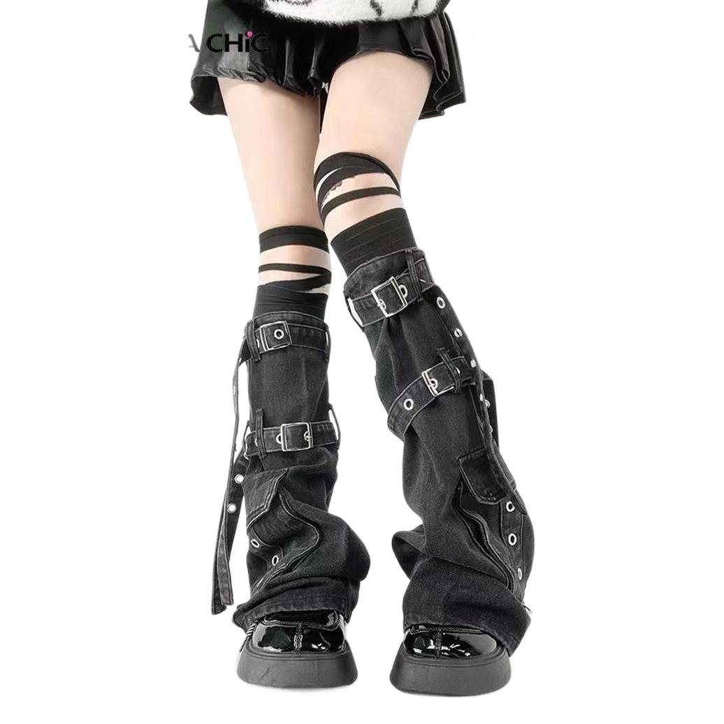 Metal Buckle Strap Workwear With Pocket Denim Leg Warmer