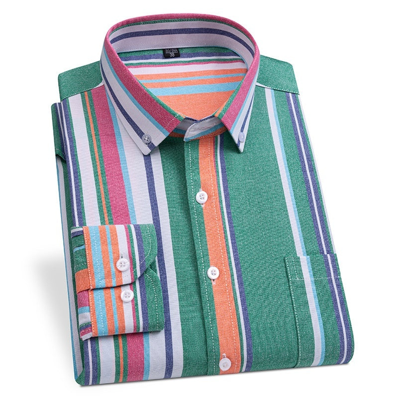 Mens Slim-fit Cotton Oxford Striped Business Shirt With Pockets