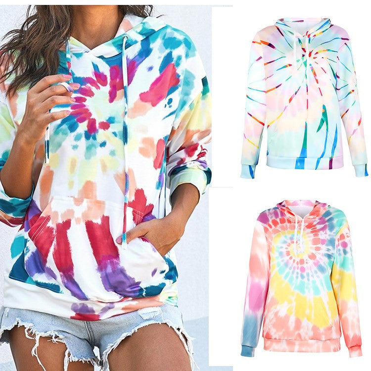 Dame løs tie-dye printet hættetrøje med lange ærmer