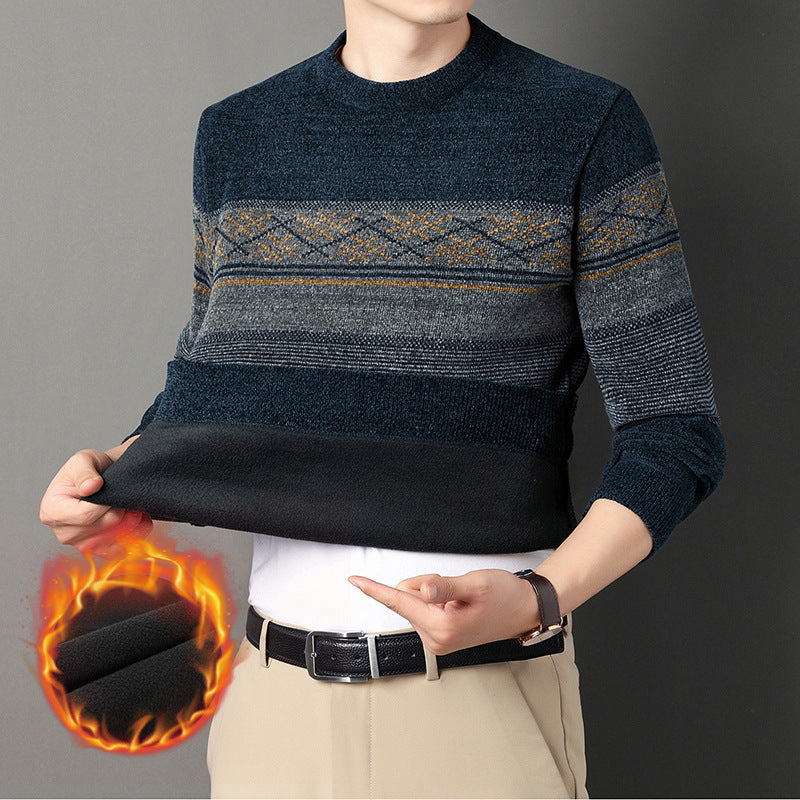 Chenille Fløjl Polstret Sweater Midaldrende Mænds Tøj Tyk Varm Jacquard