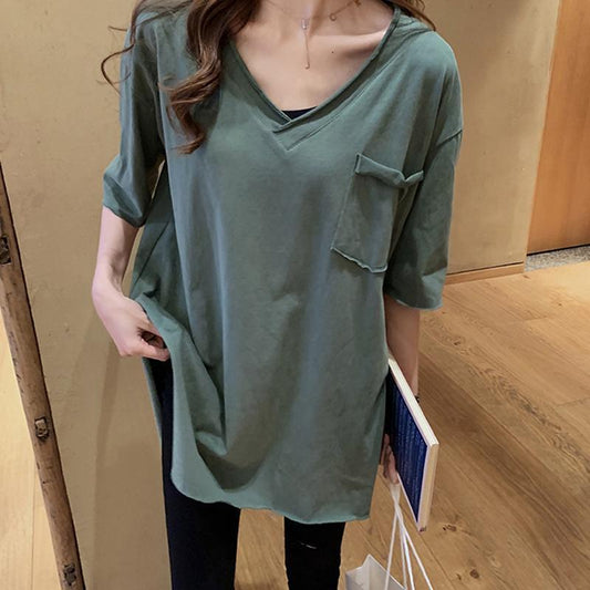 Summer V-neck Short Sleeve T-shirt Women's Loose Large Medium Length Shirt