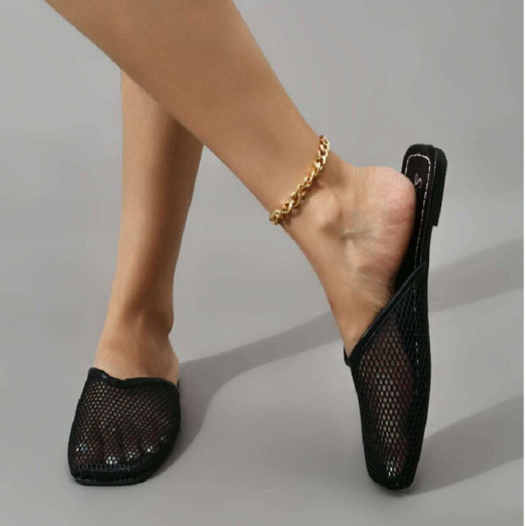Mesh Flat Bottom Square Head Flip Flop Ladies Slippers