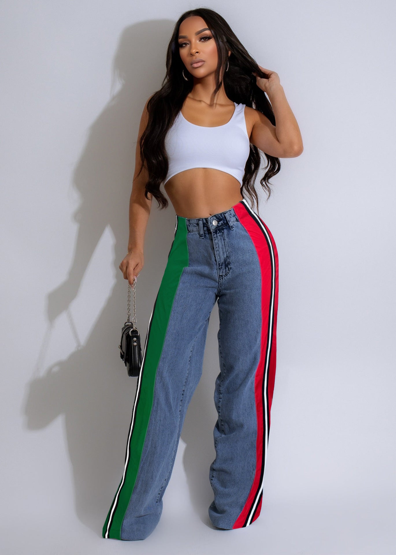 Stylish Patchwork Striped Contrasting Denim Jeans