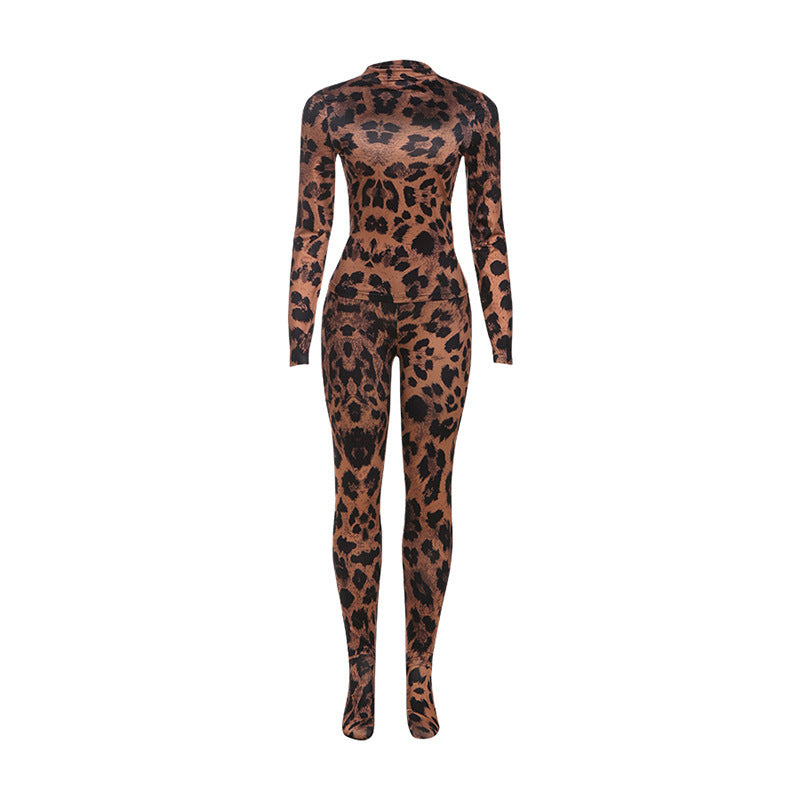 Street-style Digital-print Long-sleeve Fitted Top And Slim-fit Pants Set