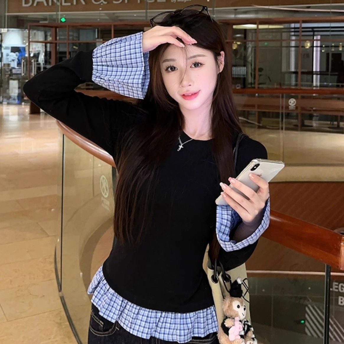 Stitching Dralon Warm Long Sleeves Female Slim Fit Slimming Top