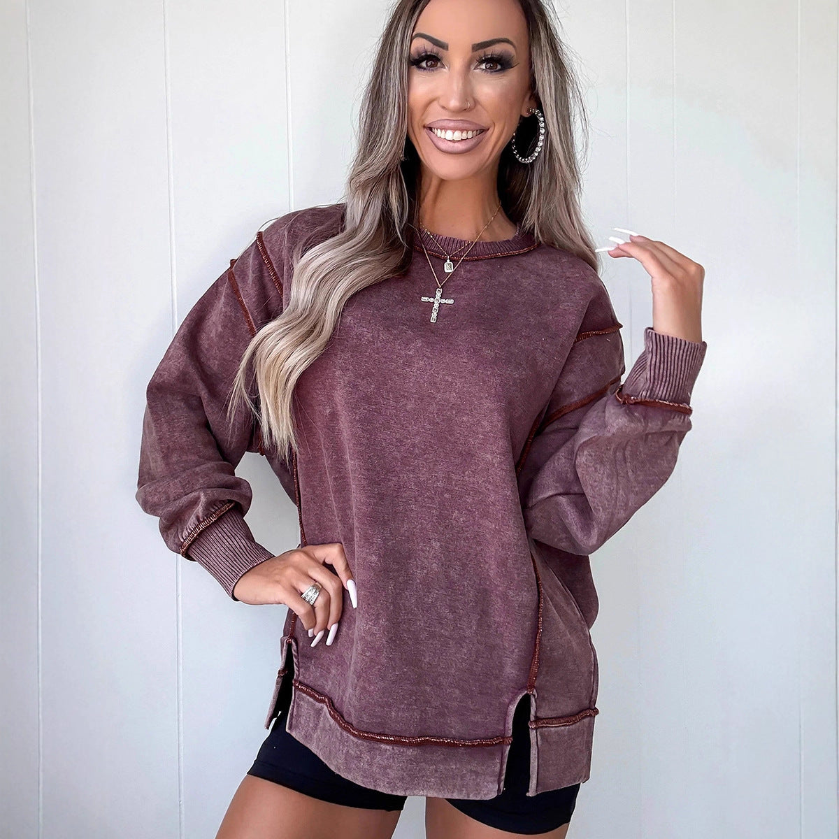 Women's Loose Casual Solid Color Slit Top