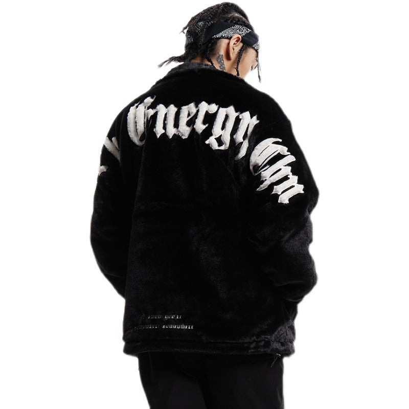 Cotton Thickened Black Loose Solid Color Zip Casual Jacket