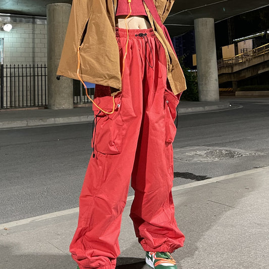 Amerikansk Street Style Plisserede Arbejdsbukser med Store Lommer og Vide Ben