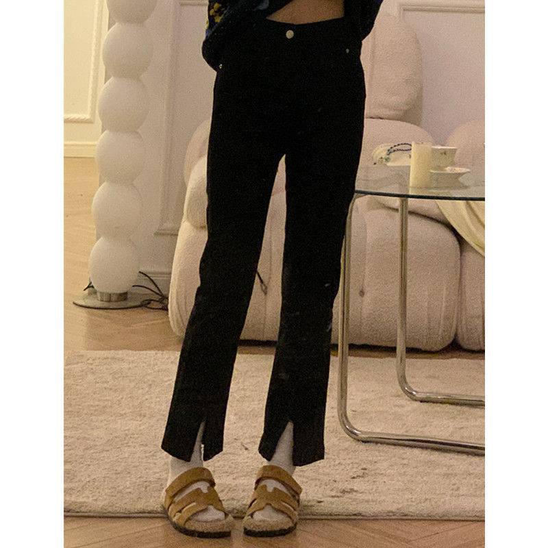 Women's Black Slit Jeans Women's High Waist Slim Fit Ripped Trousers