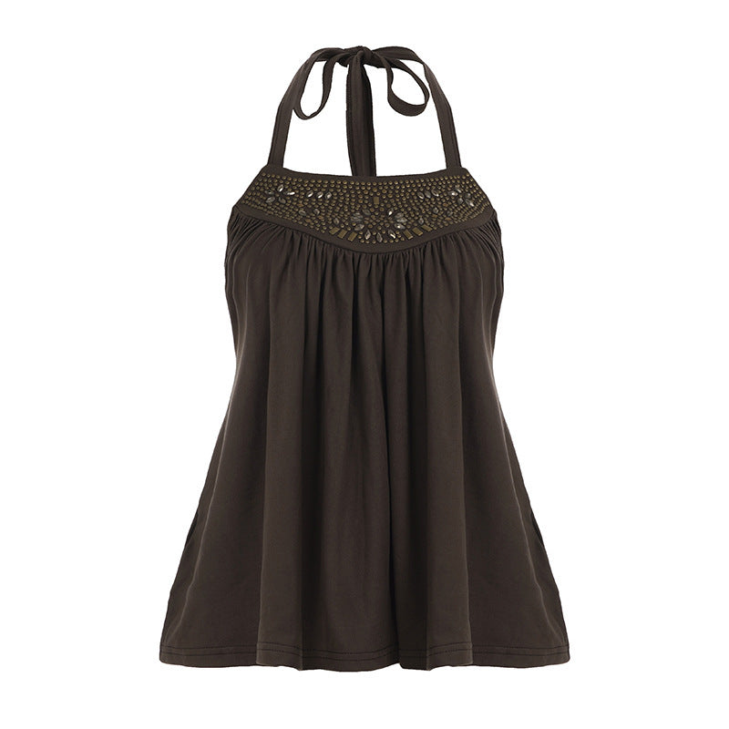 Retro Rhinestone-embellished Ultra-sexy High-waisted Halter-neck Cami With Lace-up Detailing