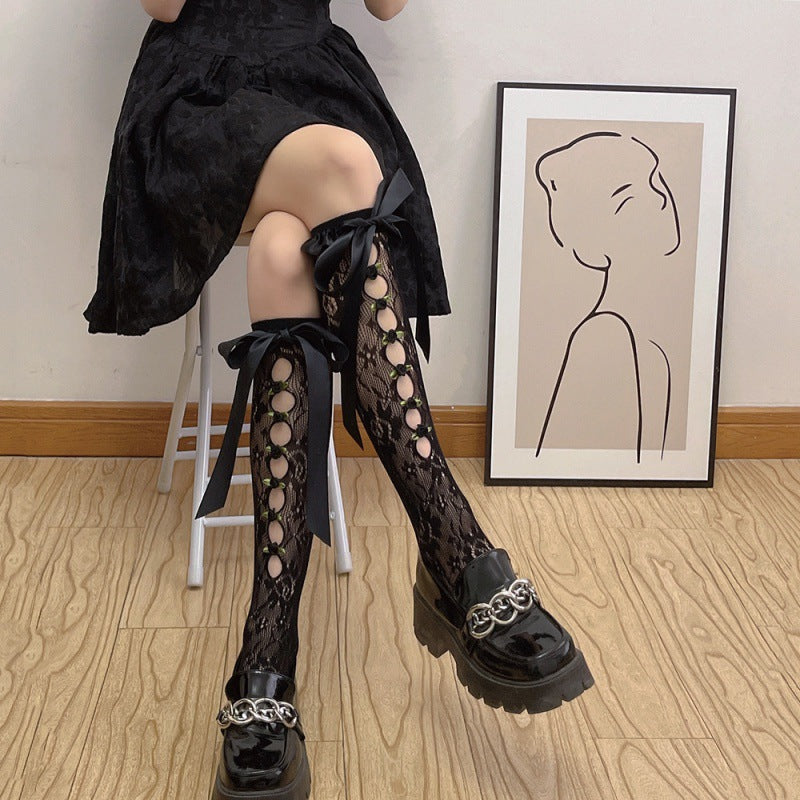 Sweet Girl's Milky White Hollow Lace Satin Ribbon Thigh High Socks