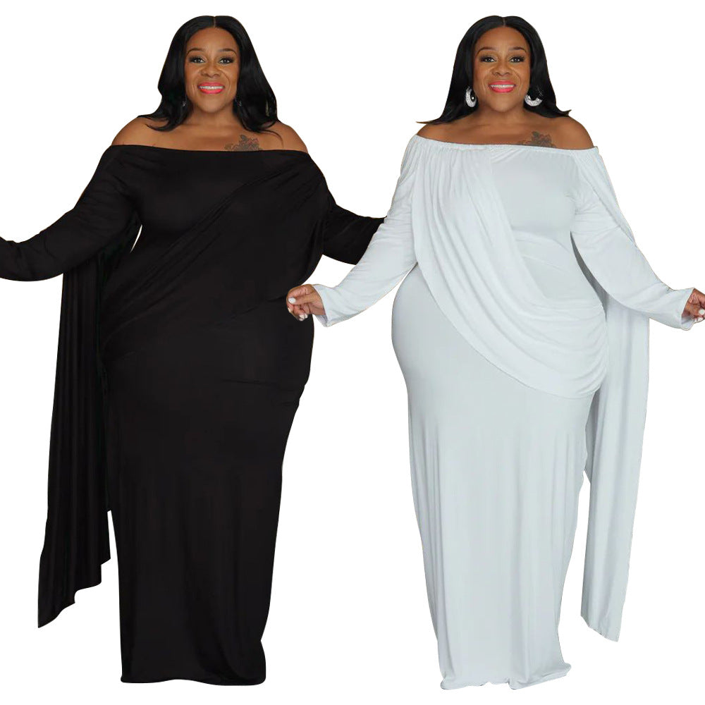 Womens Off-the-Shoulder Long-Sleeve Pleated Bodycon Plus-Size Dress