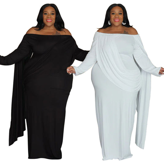 Womens Off-the-Shoulder Long-Sleeve Pleated Bodycon Plus-Size Dress