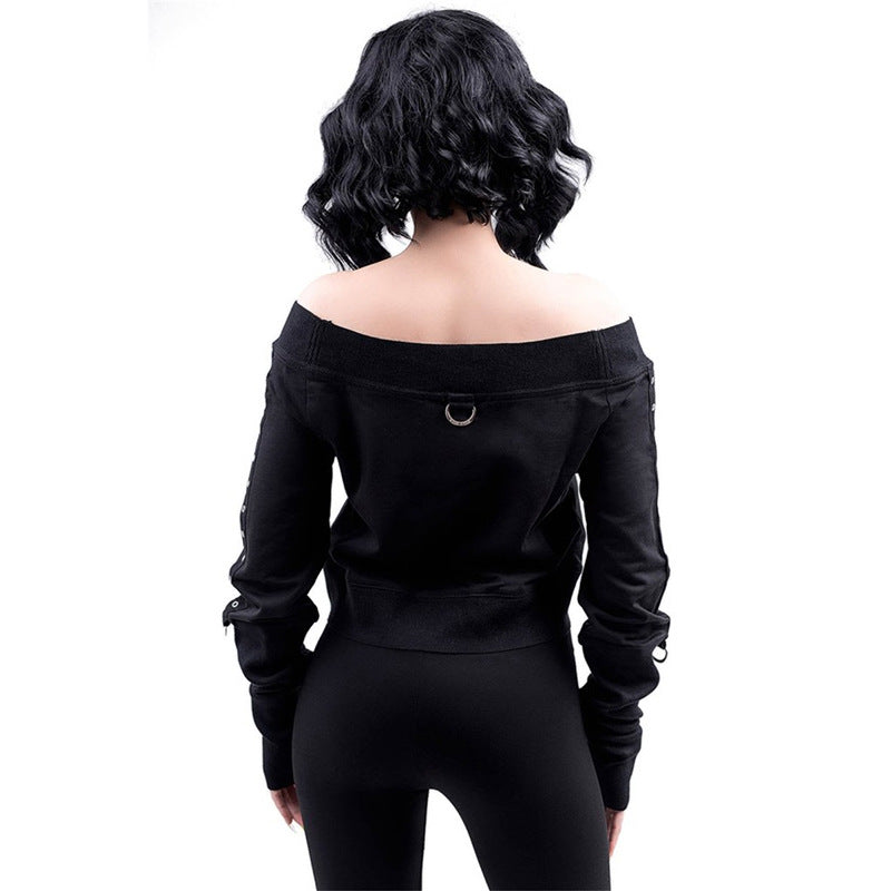 Women's Off-neck Solid Color Slim Fit Midriff-baring Sweater