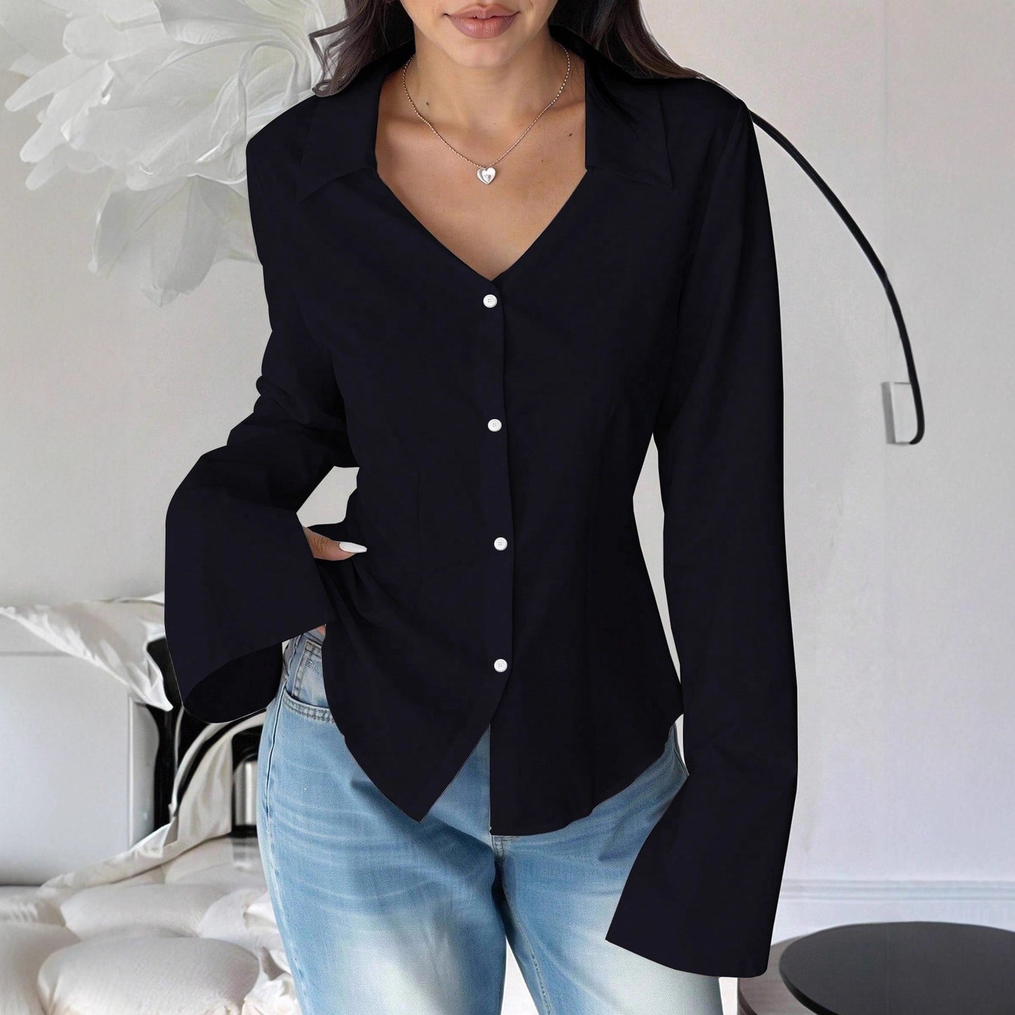 French Slim Fit Waist-tight Bandage Dress V-neck Shirt