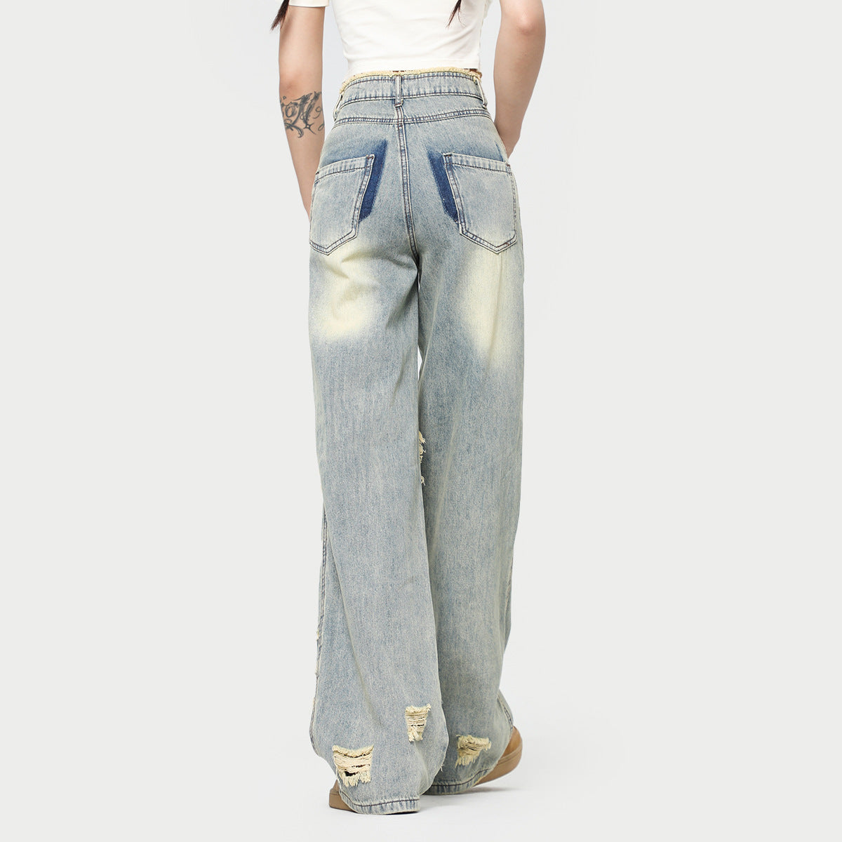 American-style Retro Straight Knee-exposed White Fashion Brand Ripped Jeans For Women