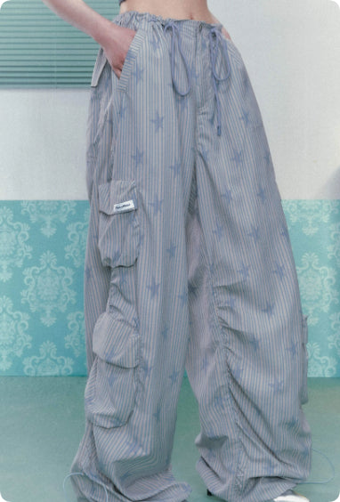 Multi Pocket Ice Print Drawstring Workwear Straight Leg Pants For Women