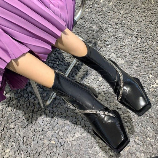 Soft Leather Square Toe Chunky Heel Short Boots Women