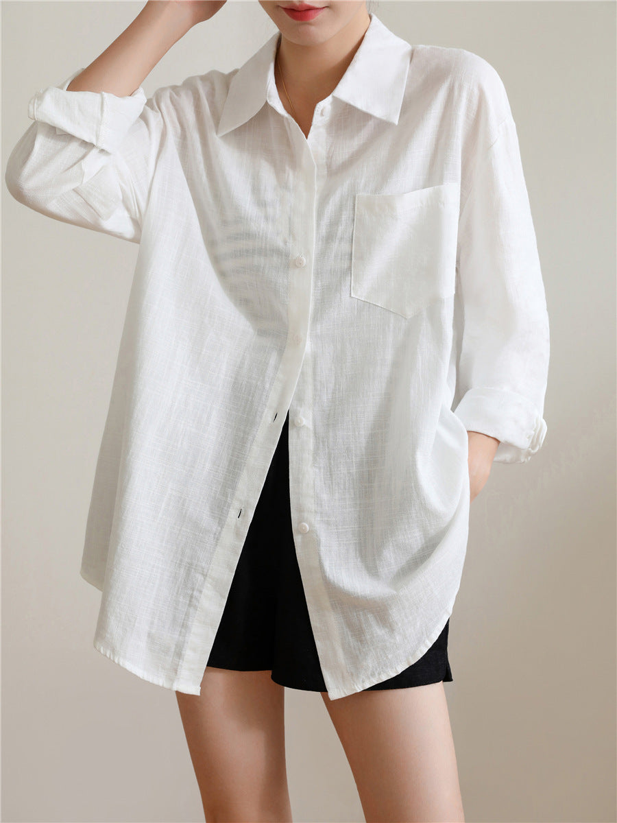 Sunscreen Cardigan Summer Thin Loose French-style Cotton-Linen White Shirt