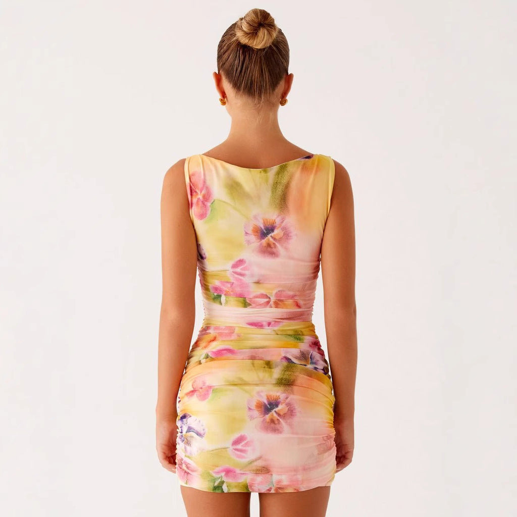 Yellow Printed And Dyed Floral Tank Dress