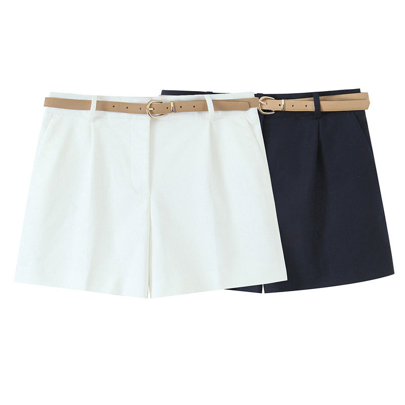 European And American Style Two Colors With Belt Pleated Casual Shorts