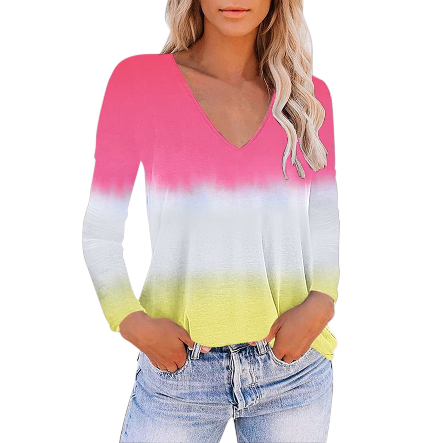 European And American Women's V-neck Gradient Print Loose T-shirt