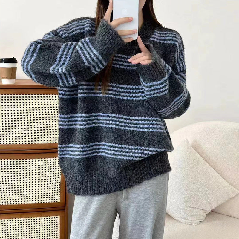 Outer Wear Inner Wear Idle Style Round Neck Long Sleeve Top Stripes