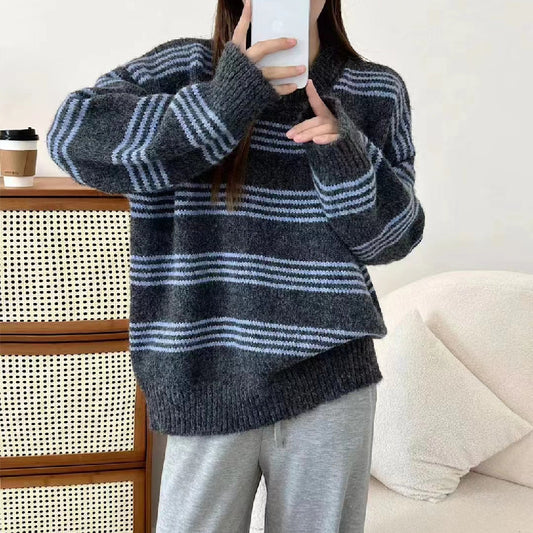 Outer Wear Inner Wear Idle Style Round Neck Long Sleeve Top Stripes