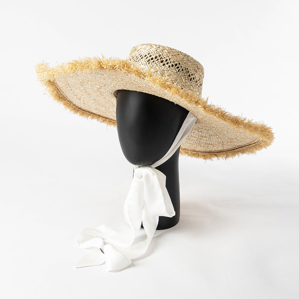 Pearl Strap Frosted Edge Large Eaves Hand Braided Straw Beach Sun Visor Hat
