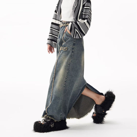 American Style Distressed Raw Edge Denim Skirt Plus Size Women