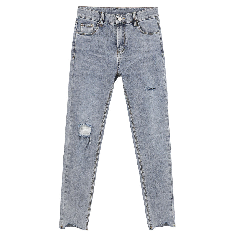 Lyseblå Ripped Jeans Til Kvinder Tynde Og Lange Ni-punkts Pencil Benbukser