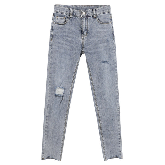 Light Blue Ripped Jeans Women's Thin And Tall Nine-point Pencil Feet Pants